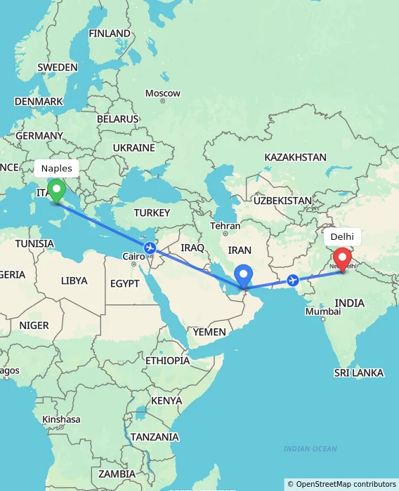 Route map showing distance and travel time from Naples, Italy to Delhi, India
