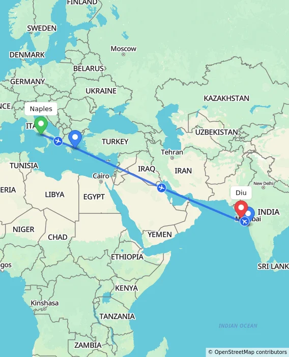 Route map showing distance and travel time from Naples, Italy to Diu, India
