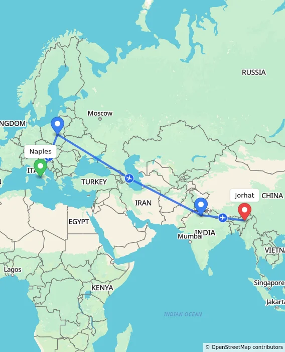 Route map showing distance and travel time from Naples, Italy to Jorhat, India