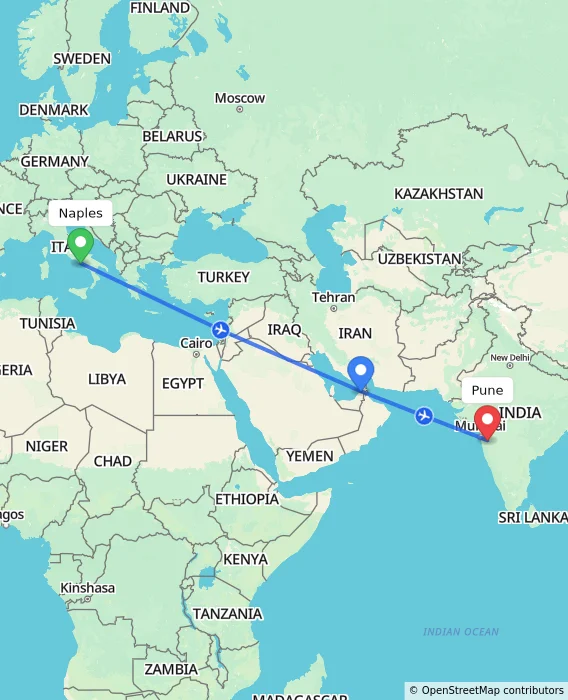 Route map showing distance and travel time from Naples, Italy to Pune, India