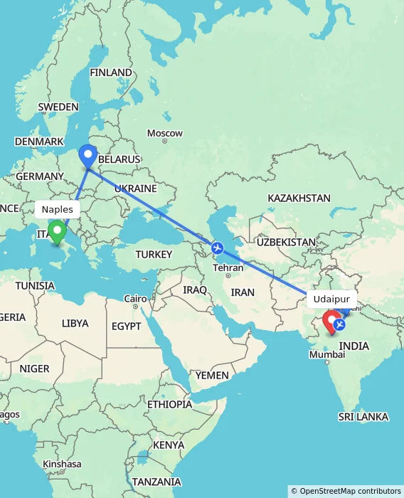Route map showing distance and travel time from Naples, Italy to Udaipur, India