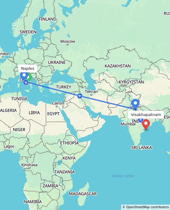 Route map showing distance and travel time from Naples, Italy to Visakhapatnam, India