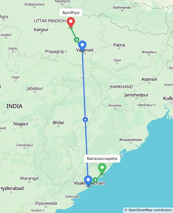 Route map showing distance and travel time from Narasannapeta, India to Ayodhya, India