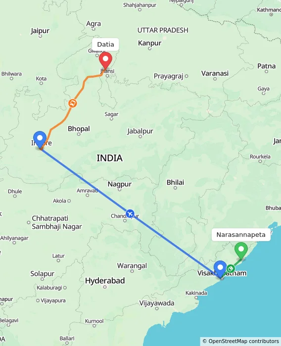 Route map showing distance and travel time from Narasannapeta, India to Datia, India