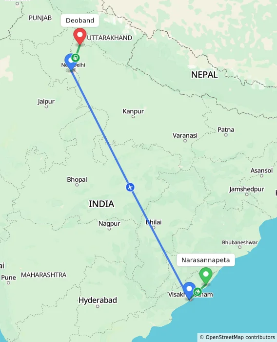 Route map showing distance and travel time from Narasannapeta, India to Deoband, India