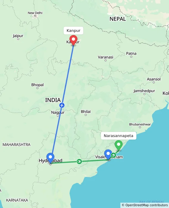 Route map showing distance and travel time from Narasannapeta, India to Kanpur, India