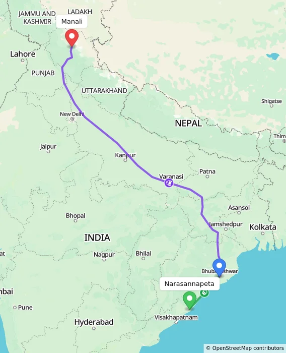 Route map showing distance and travel time from Narasannapeta, India to Manali, India