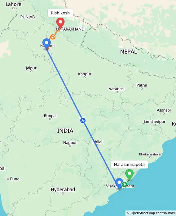 Route map showing distance and travel time from Narasannapeta, India to Rishikesh, India