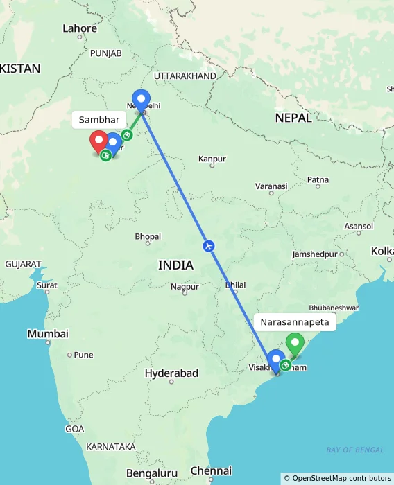 Route map showing distance and travel time from Narasannapeta, India to Sambhar, India