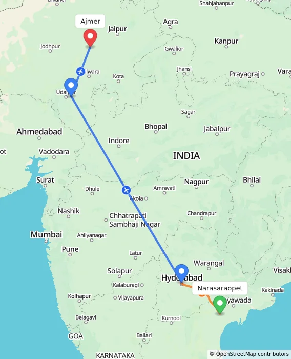 Route map showing distance and travel time from Narasaraopet, India to Ajmer, India