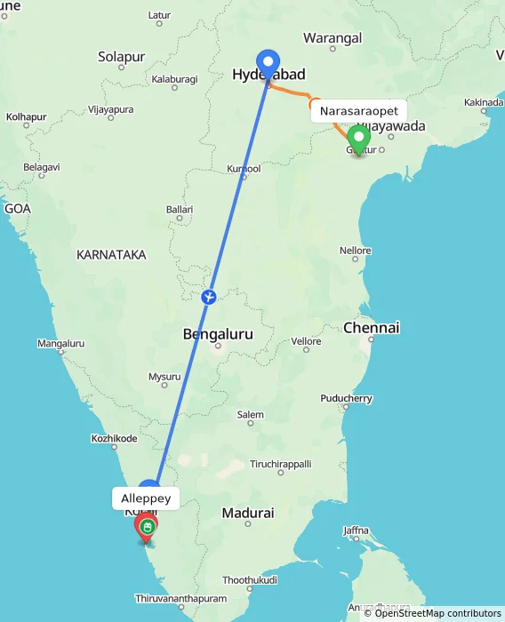 Route map showing distance and travel time from Narasaraopet, India to Alappuzha, India