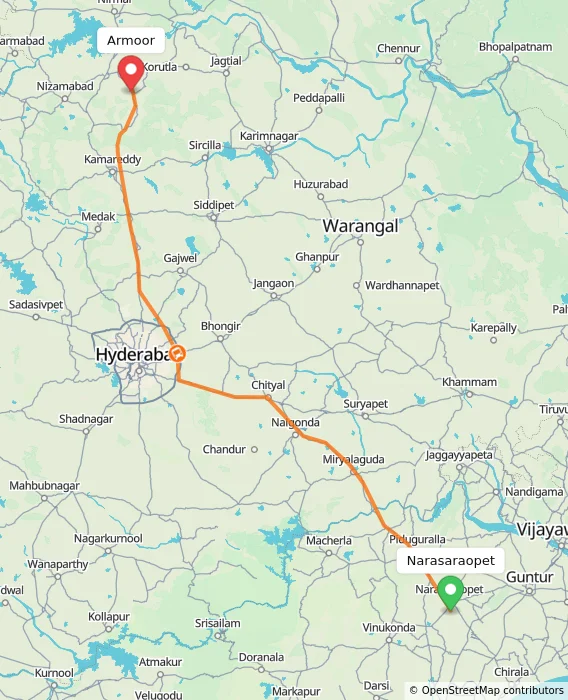 Route map showing distance and travel time from Narasaraopet, India to Armoor, India