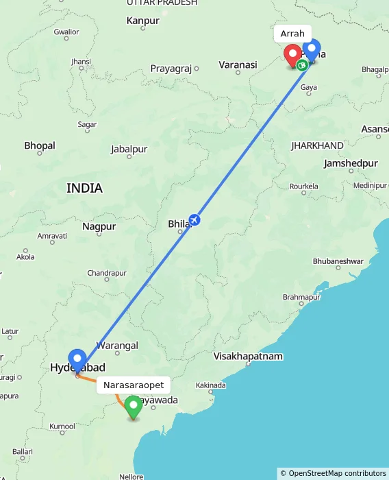 Route map showing distance and travel time from Narasaraopet, India to Arrah, India