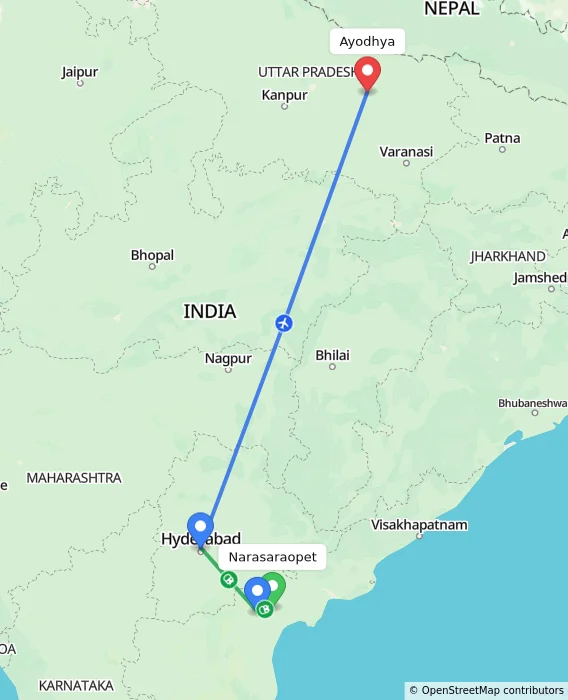 Route map showing distance and travel time from Narasaraopet, India to Ayodhya, India