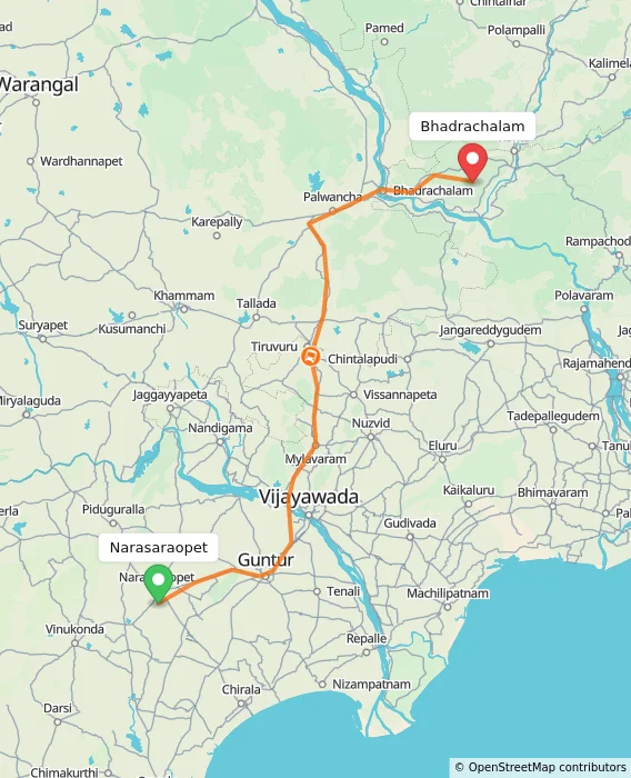 Route map showing distance and travel time from Narasaraopet, India to Bhadrachalam, India