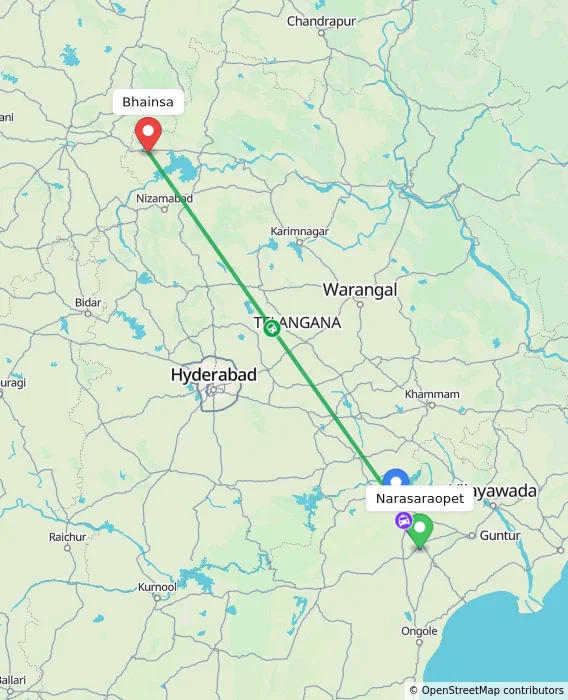 Route map showing distance and travel time from Narasaraopet, India to Bhainsa, India