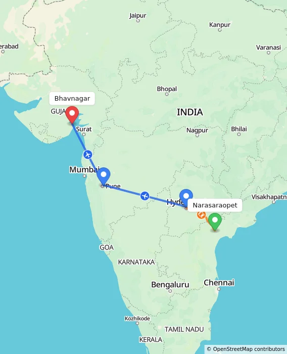 Route map showing distance and travel time from Narasaraopet, India to Bhavnagar, India