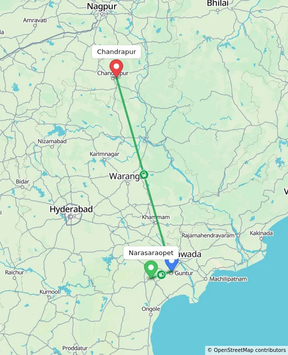 Route map showing distance and travel time from Narasaraopet, India to Chandrapur, India