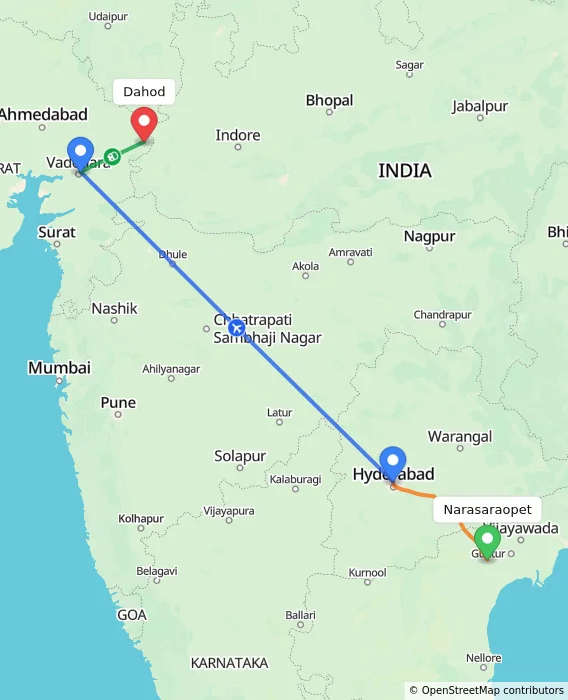 Route map showing distance and travel time from Narasaraopet, India to Dahod, India