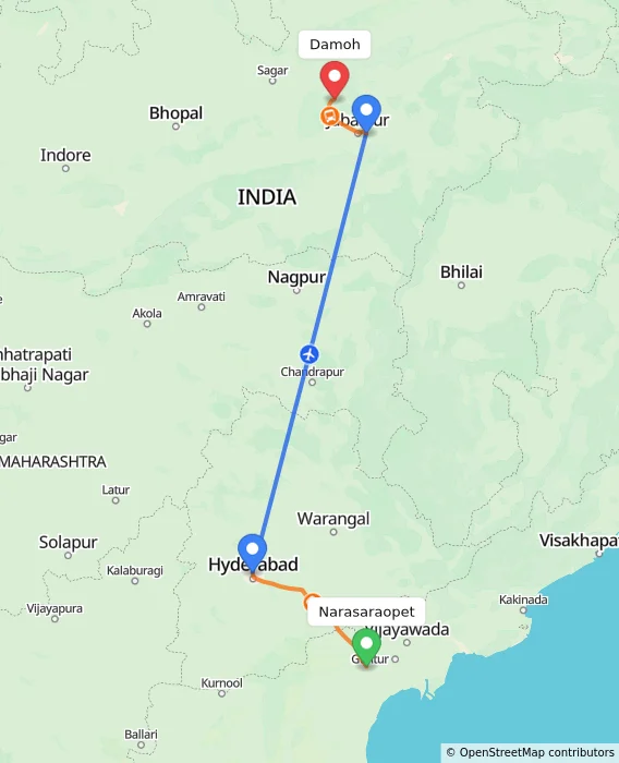 Route map showing distance and travel time from Narasaraopet, India to Damoh, India