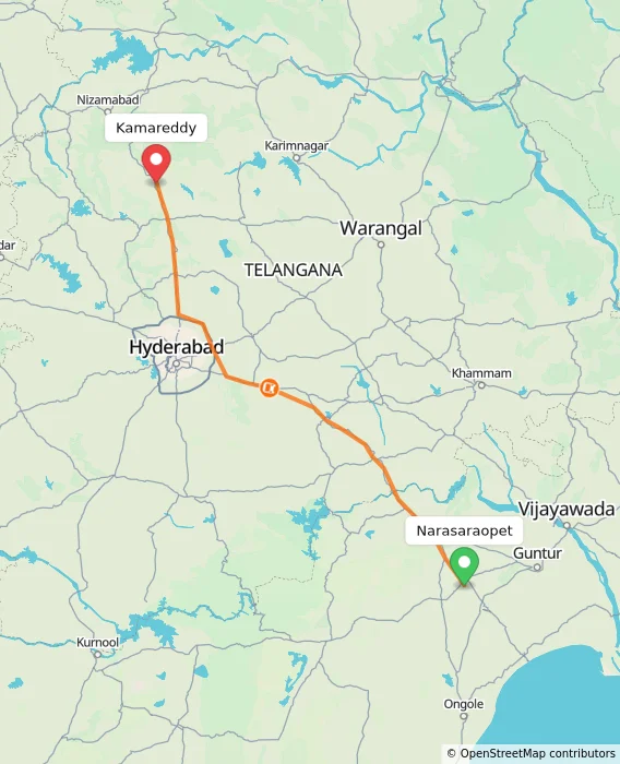 Route map showing distance and travel time from Narasaraopet, India to Kamareddy, India