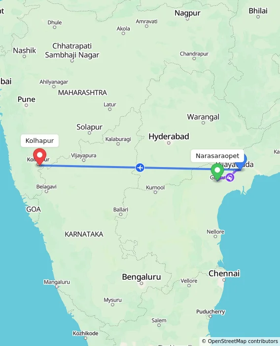 Route map showing distance and travel time from Narasaraopet, India to Kolhapur, India