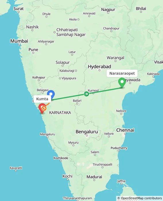 Route map showing distance and travel time from Narasaraopet, India to Kumta, India