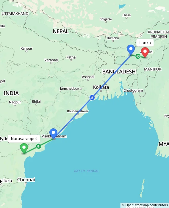 Route map showing distance and travel time from Narasaraopet, India to Lanka, India