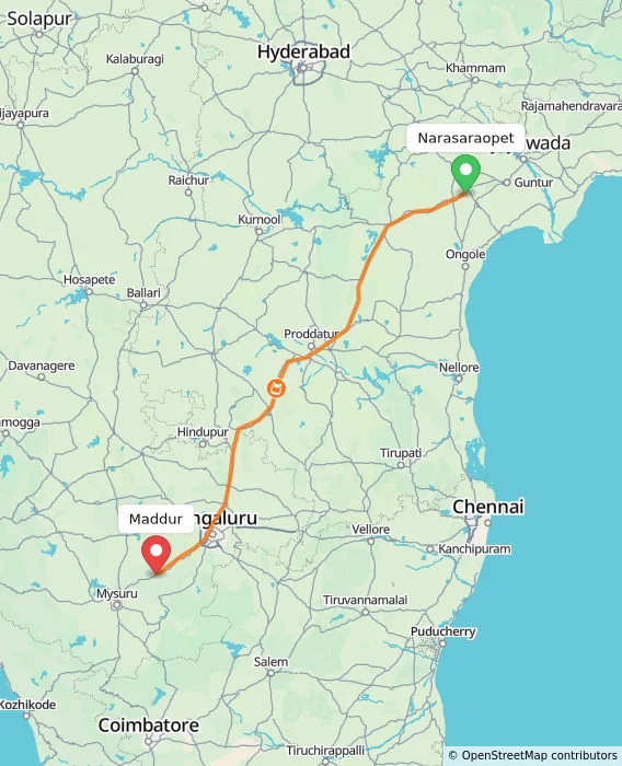 Route map showing distance and travel time from Narasaraopet, India to Maddur, India