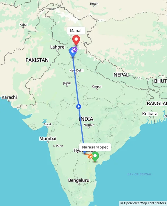 Route map showing distance and travel time from Narasaraopet, India to Manali, India
