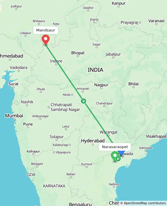 Route map showing distance and travel time from Narasaraopet, India to Mandsaur, India