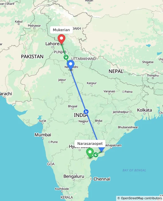 Route map showing distance and travel time from Narasaraopet, India to Mukerian, India