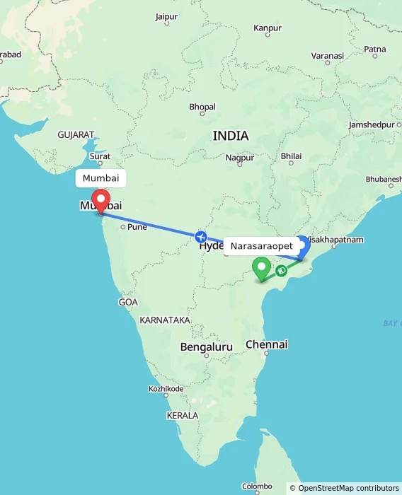 Route map showing distance and travel time from Narasaraopet, India to Mumbai, India