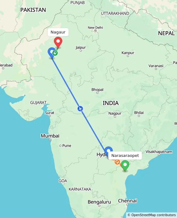 Route map showing distance and travel time from Narasaraopet, India to Nagaur, India