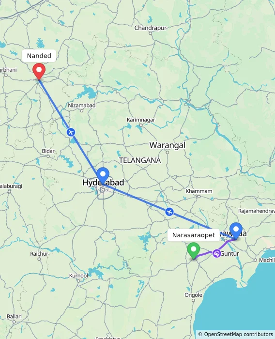 Route map showing distance and travel time from Narasaraopet, India to Nanded, India