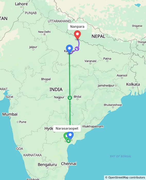 Route map showing distance and travel time from Narasaraopet, India to Nanpara, India