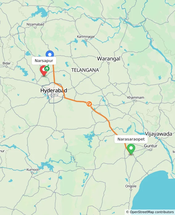 Route map showing distance and travel time from Narasaraopet, India to Narsapur, India