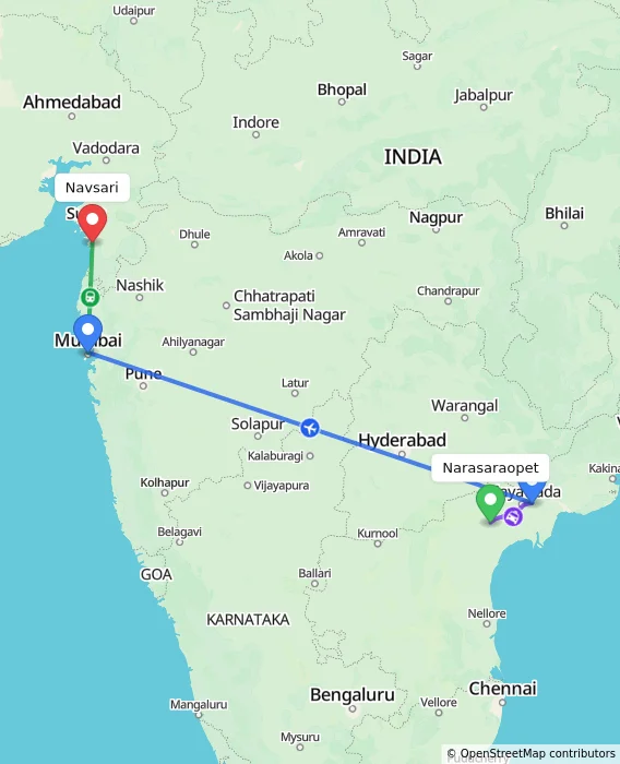 Route map showing distance and travel time from Narasaraopet, India to Navsari, India