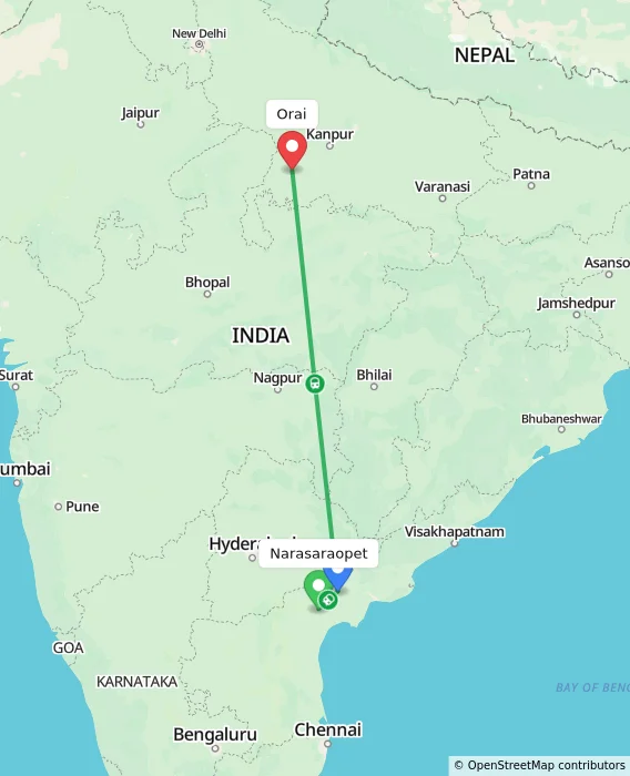Route map showing distance and travel time from Narasaraopet, India to Orai, India