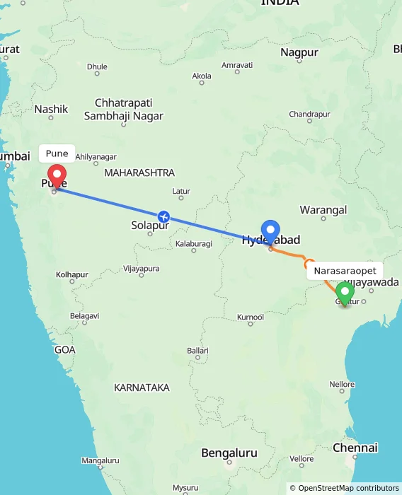 Route map showing distance and travel time from Narasaraopet, India to Pune, India