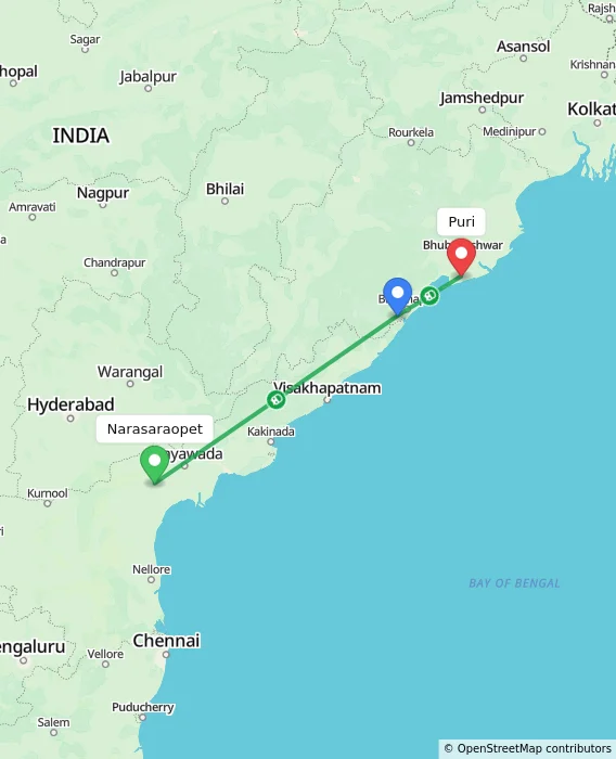 Route map showing distance and travel time from Narasaraopet, India to Puri, India