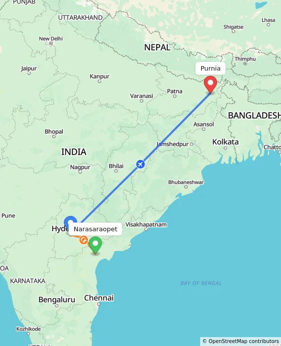 Route map showing distance and travel time from Narasaraopet, India to Purnia, India