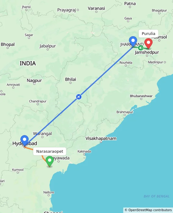 Route map showing distance and travel time from Narasaraopet, India to Purulia, India