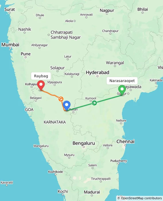 Route map showing distance and travel time from Narasaraopet, India to Raybag, India