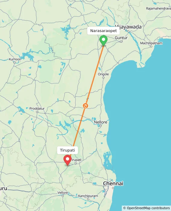 Route map showing distance and travel time from Narasaraopet, India to Tirupati, India