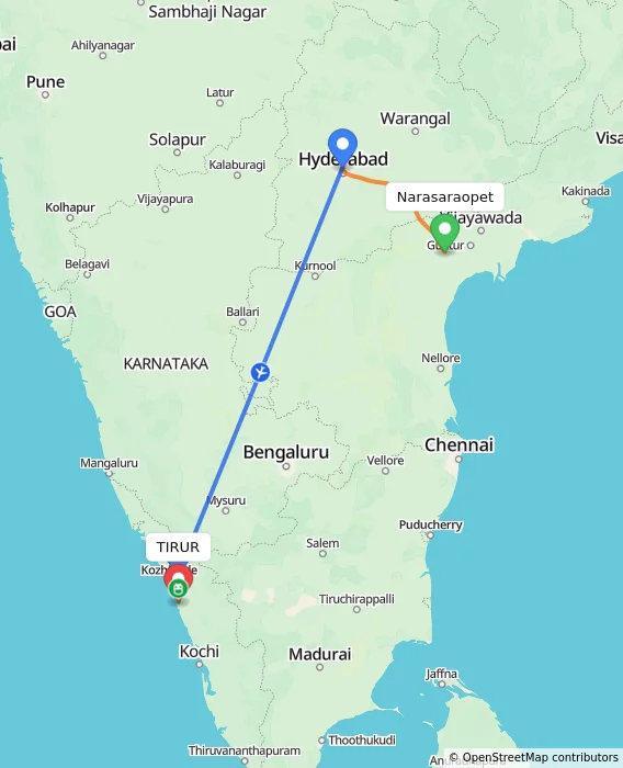 Route map showing distance and travel time from Narasaraopet, India to TIRUR, India