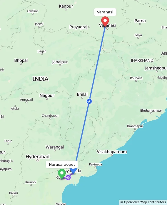 Route map showing distance and travel time from Narasaraopet, India to Varanasi, India