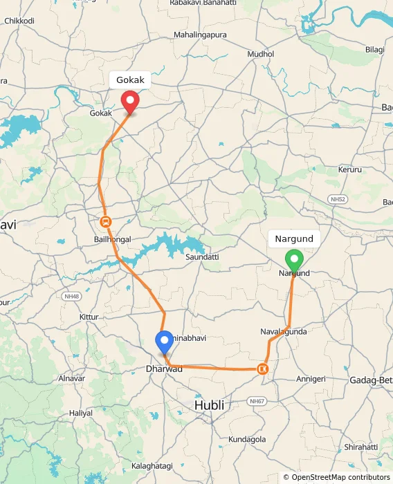Route map showing distance and travel time from Nargund, India to Gokak, India