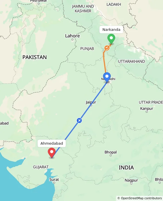 Route map showing distance and travel time from Narkanda, India to Ahmedabad, India