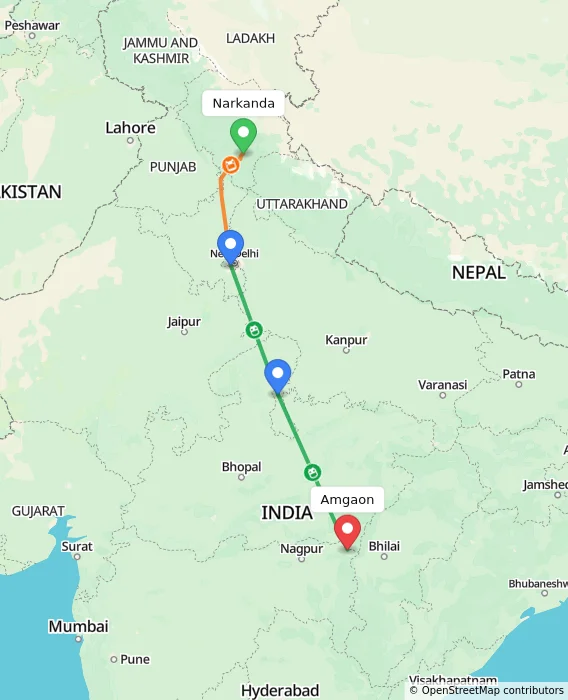 Route map showing distance and travel time from Narkanda, India to Amgaon, India
